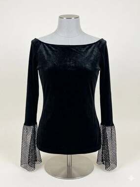 Elegant Black Velvet & Mesh Bell Sleeve Top